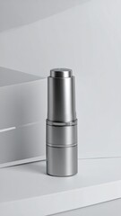 Metallic serum bottle on white shelves