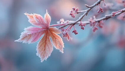 Frozen pastel-hued maple leaf on a branch. Soft, delicate, and frosted foliage in muted tones of pink, orange, 
