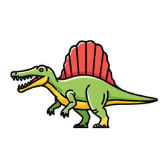 Fototapeta premium Cartoon illustration of a Spinosaurus dinosaur, showing its distinctive sail-like fin and long snout.