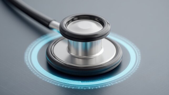 Close-up View of a Modern Medical Stethoscope on a High-Tech Background with a Digital Interface Displaying Health Data and Metrics - Powered by Adobe