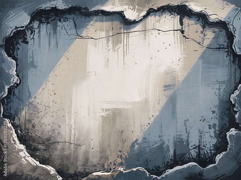 Poster an abstract grunge frame with a rough, textured surface, featuring a central opening illuminated by 