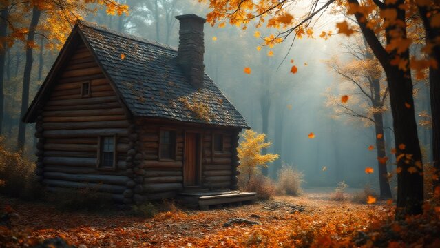 Log cabin in autumn forest, misty ambiance, leaves falling, peaceful scene.