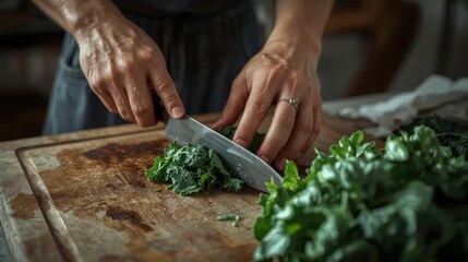 A male chef's hand with a knife cuts fresh green onions on a cutting board during food preparation in a kitchen