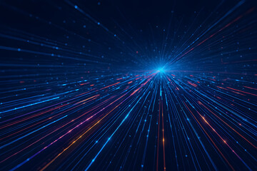Fototapeta premium Luminous lines converge at a vanishing point creating a sense of speed. This represents data transfer, technology, and futuristic concepts.
