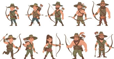 Cartoon wilderness archers and hunters with bows, arrows, rugged outfits, fantasy gear, diverse characters in forest survival vector illustration © Irin Akter