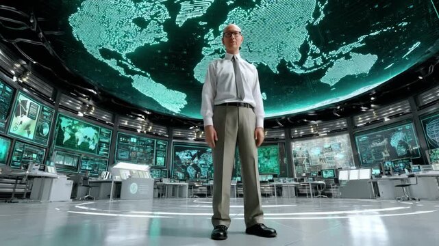 Global Oversight: An authoritative figure stands resolute in a high-tech command center, a vast world map illuminating the backdrop, signifying leadership and global monitoring
