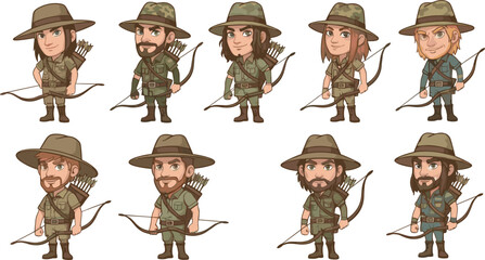 Cartoon wilderness archers and hunters with bows, arrows, rugged outfits, fantasy gear, diverse characters in forest survival vector illustration