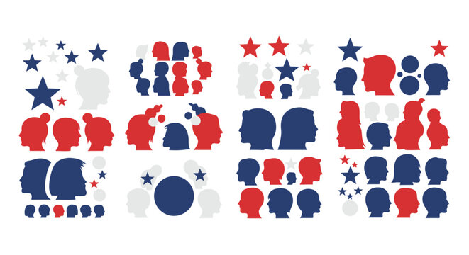 Diverse community silhouettes in patriotic red, white, and blue, celebrating unity and democracy