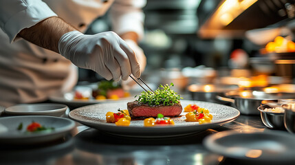 A skilled chef carefully plates a gourmet steak dish, adding fresh microgreens with precision in a professional kitchen.