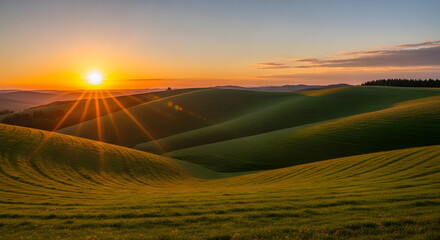 Golden sunrise over rolling hills of tuscany in the italian countryside