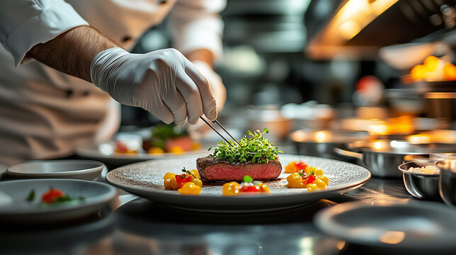 A skilled chef carefully plates a gourmet steak dish, adding fresh microgreens with precision in a professional kitchen.
