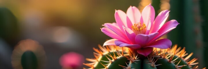 Fototapeta premium Delicate pink cactus blossom unfurls in sunlight , detail, bloom, image