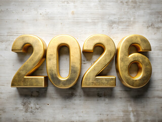 Golden metallic numbers spelling out the year twenty twenty six on a wooden surface