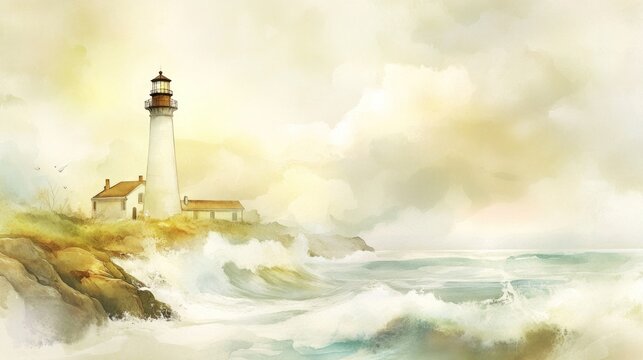 Watercolor lighthouse coastal seascape