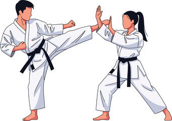 Male and female karate practitioners practicing martial arts, black belt training, self-defense techniques, karate kicks and blocks, martial arts competition training © Hanif World