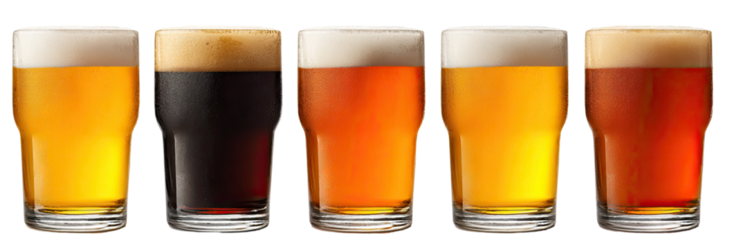 Four glasses of different colored beers
