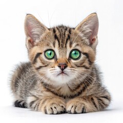 Obraz premium Cute tabby kitten with green eyes isolated on white background is lying down