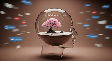 A transparent human head contains a tranquil zen garden, bombarded by a stream of blurred social media notifications.