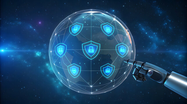 Robotic hand touching holographic globe with security icons