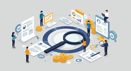 Isometric illustration depicting a financial audit and data analysis process