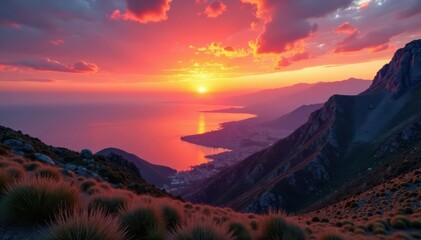 Fiery dawn over tranquil Sea of Galilee; Mount Arbel majestic , photo, golden hour