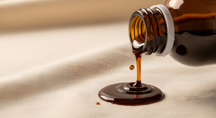 Amber Liquid Pouring From a Glass Bottle on a Beige Fabric Surface
