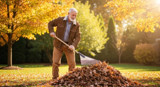 An elderly man raking leaves in a park during autumn.