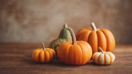 Vibrant Assortment of Pumpkins in Various Sizes Displayed on Rustic Wooden Surface Against a Soft Brown Backdrop