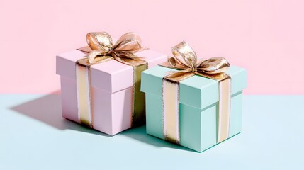 Obraz premium Bright space celebration joyful gift boxes displayed on pastel background in close-up