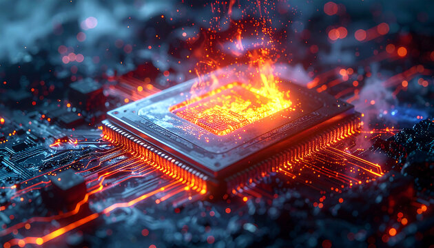 An overheating computer processor glows with intense red-hot energy and fire on a complex circuit board.