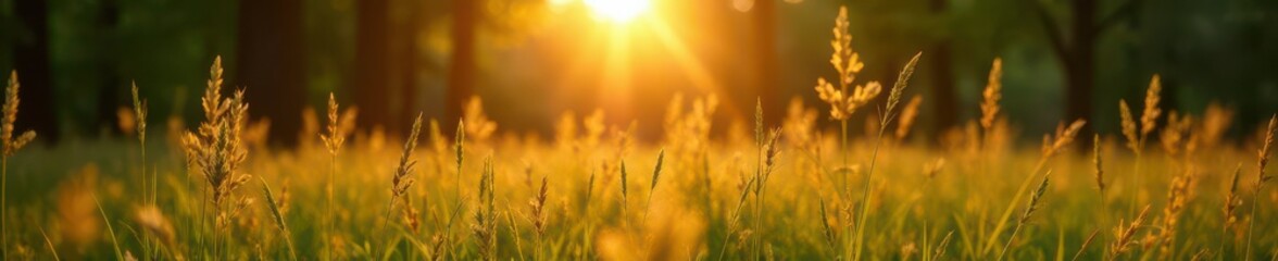 Fototapeta premium Golden hour light on tall grasses, tranquil woodland scene, rural, calm, ecology