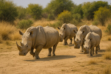 Group of white rhinoceroses walking on dry savanna, African wildlife animals in natural habitat.
