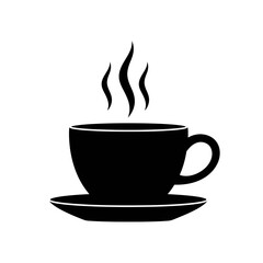 Obraz premium Black silhouette of a steaming coffee cup and saucer on a white background