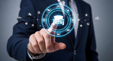 Man Touching Holographic Car Icon with Blue Suit and Button Display