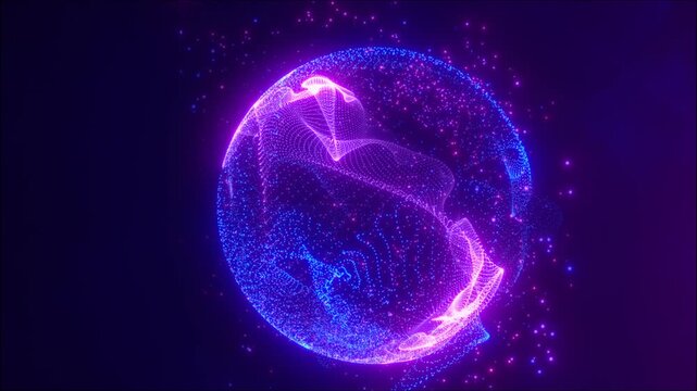 A glowing digital sphere made of neon pink and blue particles