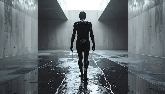 A silhouetted humanoid figure walks through a stark, wet concrete corridor towards a bright light at the end. - Powered by Adobe