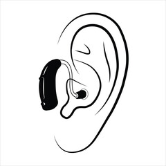 Illustration of a human ear with a hearing aid isolated on white background, hearing aid