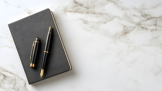 Note-taking essentials black notebook and pens on marble surface modern workspace setting