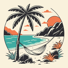 Retro Beach Escape A Tropical Paradise With Palm Trees Hammock And Serene Ocean Views A Timeless Vacation Scene