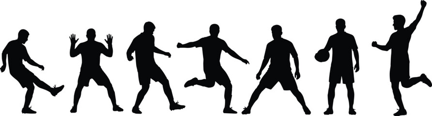 Vector silhouette of men playing sports, football and basketball actions, athletes in motion, fitness, teamwork, strength, training, competition, healthy lifestyle, physical activity