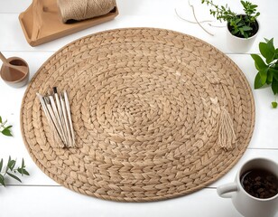 Oval woven placemat, craft supplies, and greenery