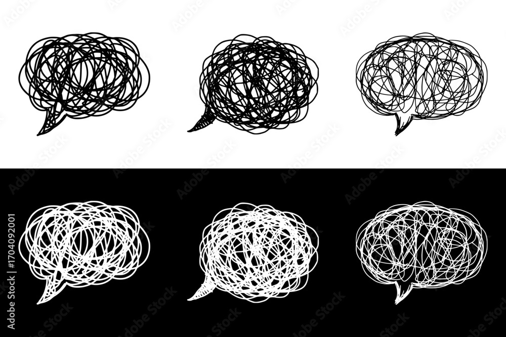 Poster Seamless border from a set of images in the form of tangled speech bubbles, tangled thoughts, isolated vector image, two design options on transparent and black backgrounds, pencil drawing, chalk draw