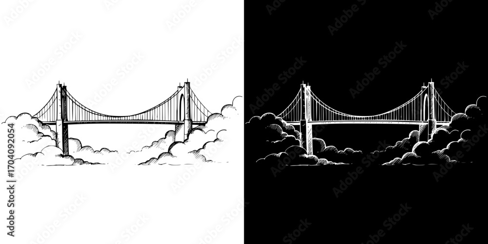 Poster bridge in the clouds, isolated vector image, two design options on transparent and black backgrounds