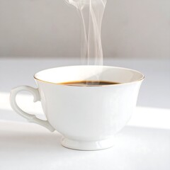 A steaming cup of coffee in a white porcelain teacup