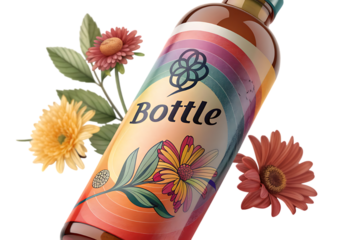 Artistic bottle with floral design and rainbow colors on black background