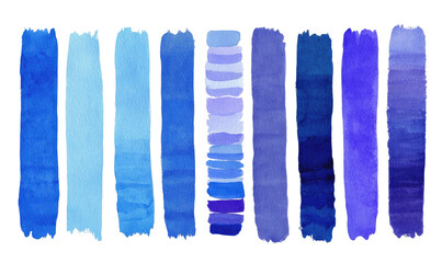 A horizontal row of rectangular color swatches.  Shades of blue, from light to dark,  blend and transition smoothly.  Watercolor-like texture