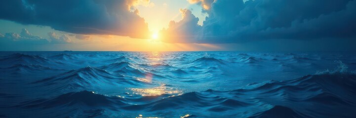 Mystical blue ocean depth, sunlit rays dance, illuminating particles , sea view, calm