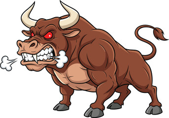 Angry cartoon bull with red eyes, sharp horns, muscular body, steam nostrils vector for mascot, sports, finance, and motivation design