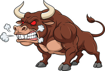 Angry cartoon bull with muscular body, red eyes, steam nose, aggressive pose, powerful horns, vector illustration for strength and rage themes