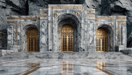 Grand marble entrance with gold accents.  Stone facade, arched doorways, and steps lead to a large, formal entryway.  Gray marble and gold trim